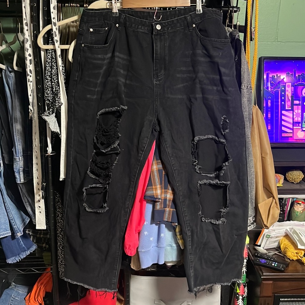 Black distressed straight leg jeans